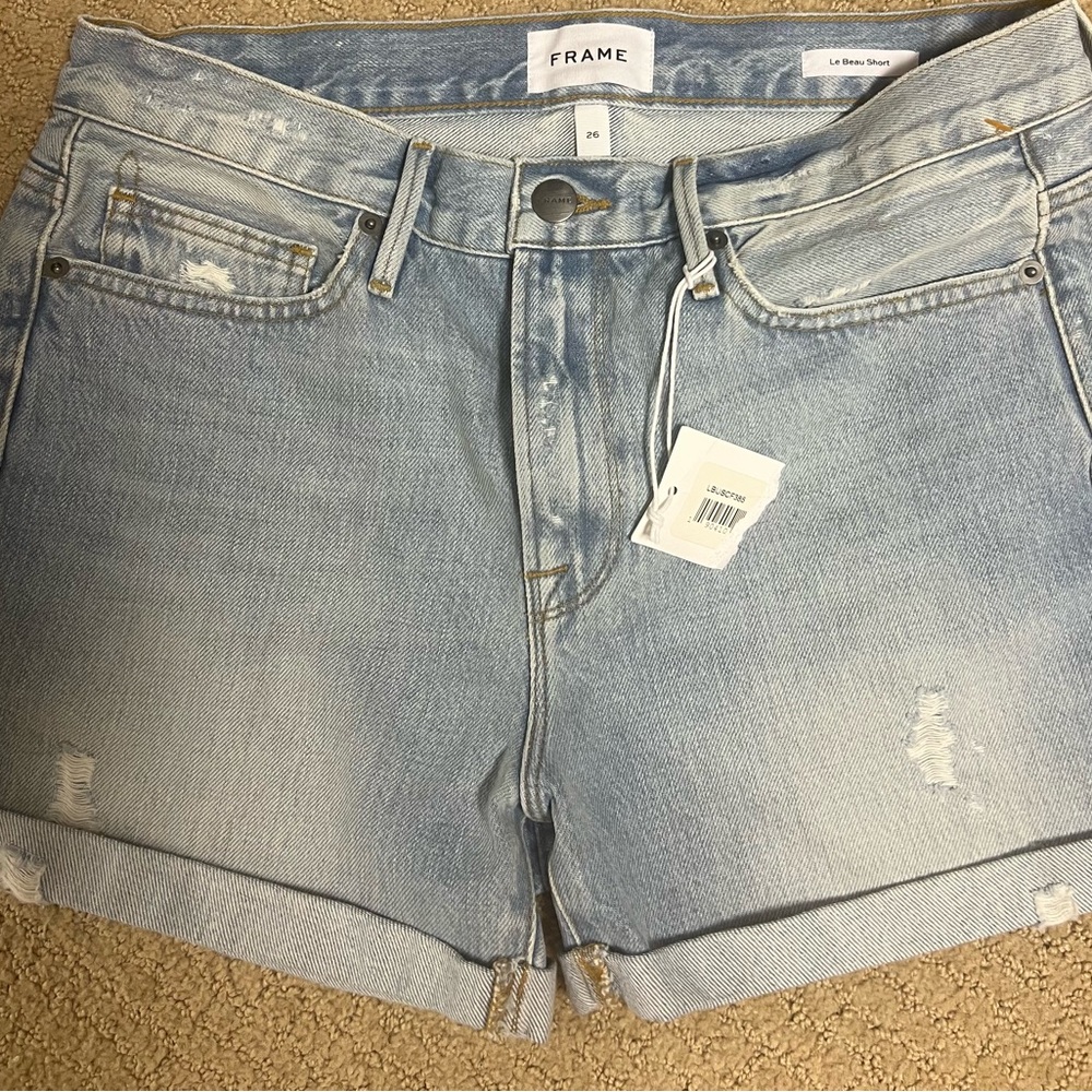 Frame Le Beau Shorts In Elsey Rips High Rise Distressed Light Wash Cuffed Hem